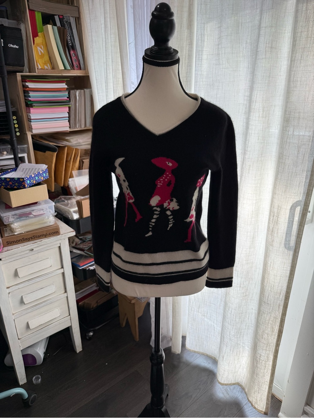 Women's Black V-Neck Sweater with Pink Graphic